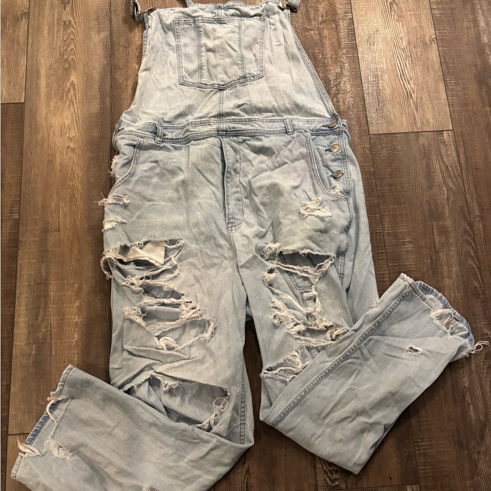American Eagle Distressed Light Blue Denim Overalls
